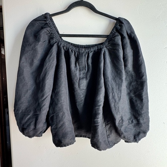 Heidi Merrick Black Linen Puff Sleeve Peasant Blouse Top XS - Picture 1 of 5